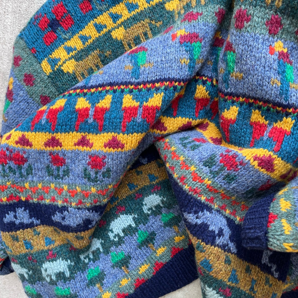 Vintage 90s LLbean wool chunky knit animal bird elephant cardigan sweater retro - Picture 2 of 9